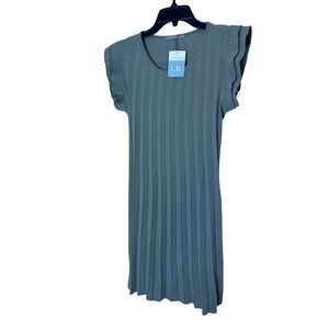 Coastal Bloom Dress Womens One Size Green Pleated Flutter‎ Belted Knee Length